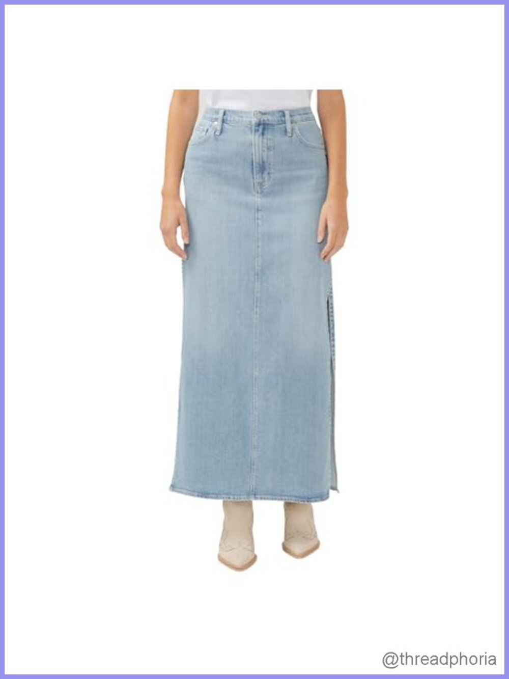 Side Split Denim Maxi Skirt Mid Stretch 5-Pocket Zip Fly